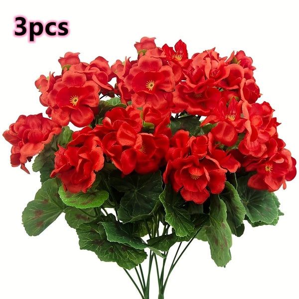 3 Bundles Artificial Geranium Flowers Faux Geranium Bush 13.8 In-35cm Long Fake Silk Flower Plant Outdoors Planter Indoor Garden Home Decoration