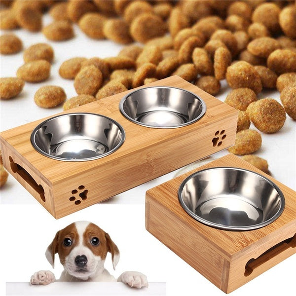 Double Single Dog Bowls Pet Feeder Puppy Stainless Steel Bamboo Rack Food Water Bowls Cats Feeding Dishes Dogs Drink Bowl