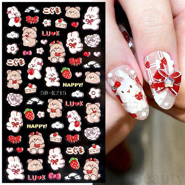 5D Nail Stickers New Year Strawberry Cake Teddy Design Embossed Sliders For Nail Spring Rabbit Decal Easter Manicure Wraps