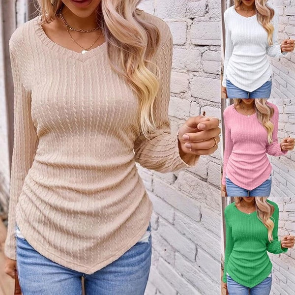 Fashion Casual V-neck Long Sleeve Blouses Women's Cute Irregular Slim Fit Knitted Tops Solid Color