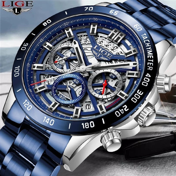 LIGE 2021 nouveaux hommes montre haut marque de luxe creux montre hommes étanche Sport Quartz chronographe Date montre-bracelet homme Relogio Masculi