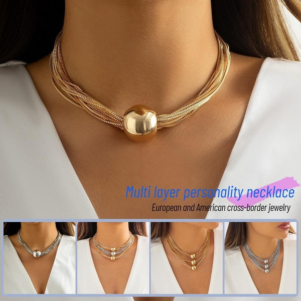 Exaggerated Multi-Layer Choker Necklace with Unique Geometric Sphere Pendant for Women