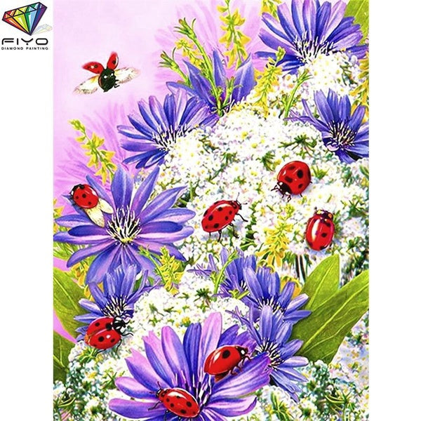 FIYO Flowers and Ladybugs DIY 5D Diamond Painting Full Drill with Number Kits Home and Kitchen Fashion Mosaic Diamond Painting Canvas Wall Decoration