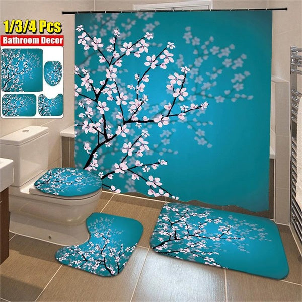 1-3-4Pcs Plum Blossom Printing Waterproof Bathroom Shower Curtain Toilet Cover Mat Non-Slip Floor Mat Rug Bathroom Set with 12 Hooks