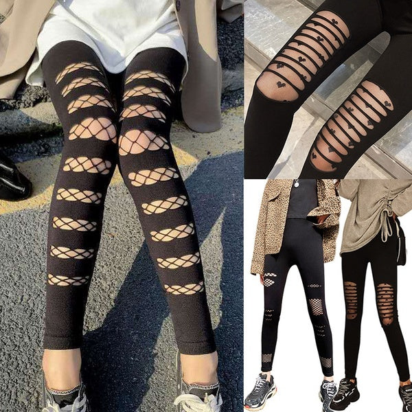 Women Soft Stretch Ripped Leggings Casual High Waisted Skinny Pants