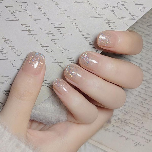 24pcs Short Round False Nails Lovely Glitter Pink Finished Nail Tips For Girls Daily Wear