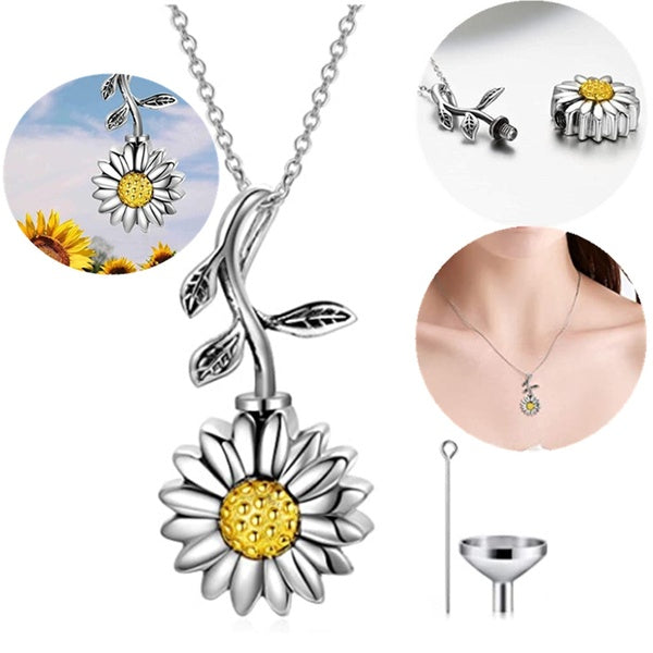 Forever In My Heart Yellow Rhinestones Sunflower Leaf Shaped Memorial Clavicle Chain Perfume Bottle Necklace for Daughter-Aunt-Uncle-Brother-Dad-Mom-