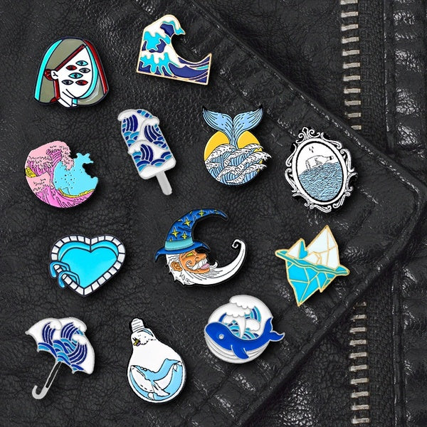 Mode Bleu Série Océan vagues Baleine Goutte D'huile Broche Denim Sac Badge Meilleur Ami Parti Cadeau