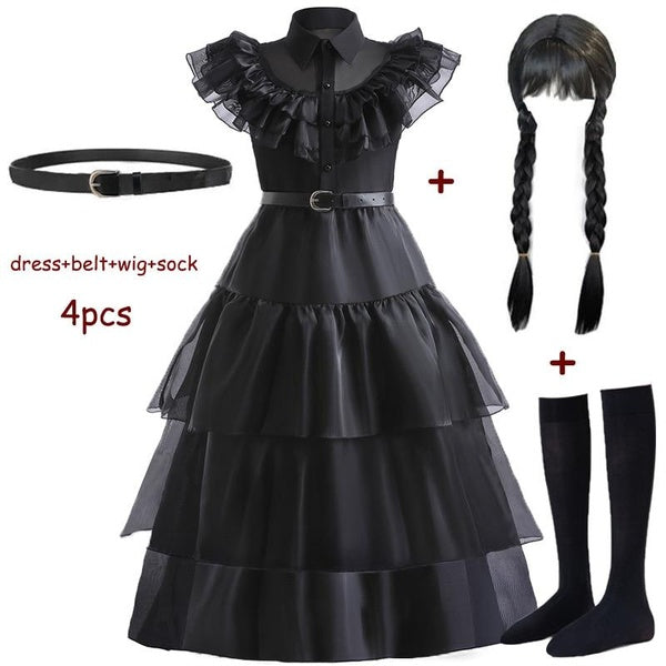 Carnival Dresses Wednesday Adams Cosplay Costume for Girl Wig Socks Accessories New Teenage Kids Mesh Party Evening Long Dresses 5 10 Yrs