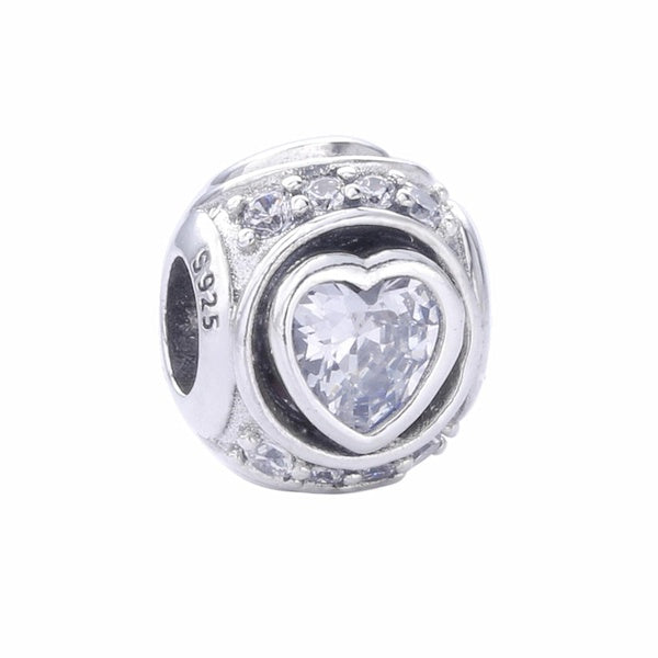 Grand coeur en argent sterling 925 avec perle de charme en zircone pour bracelets et colliers de charme européens