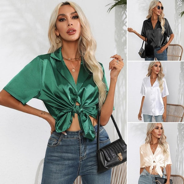 Women Deep V Neck Tailored Collar Short Sleeve Blouse Solid Color Satin Silk Summer Shirt Blouses Casual Loose Female Button Down Shirt Tops