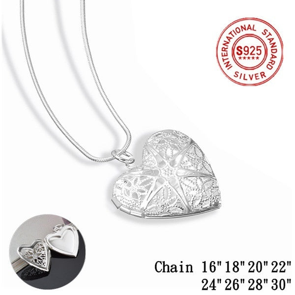 925 Sterling Silver Love Heart Photo Frame Pendant Necklace 16-18-20-22-24-26-28-30 Inch Snake Chain for Womens Charm Wedding Fashion Fine Jewelry