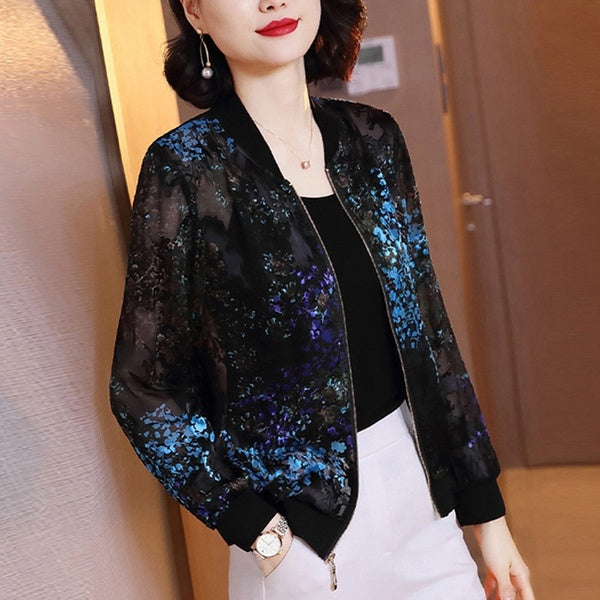 Thin black chiffon printed baseball uniform women's long sleeves, summer new loose jacket jacket casual sun protection jacket women