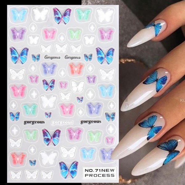 3D Butterfly Blue Sliders Nail Stickers Laser Colorful Butterflies Gel Decals Manicure