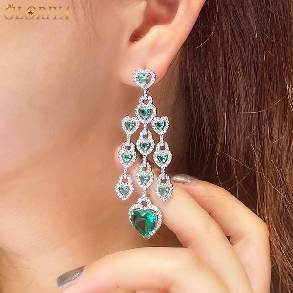 Gloriya Handmade Super Long Dangle Drop Boucles d'oreilles Full Micro Pave Zirconia Setting Light Green Heart Crystal Stone Silver Plated Valentine's