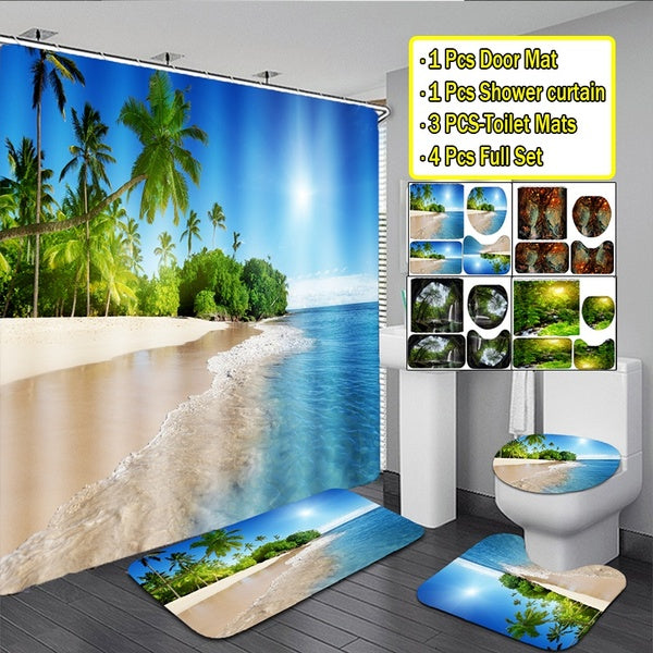 4 Styles Coastal Sunny Beach Coconut Tree Scenery Bathroom Shower Curtain Decor Waterproof Shower Curtain + Anti-slip Bath Mats + Toilet Seat Cover B