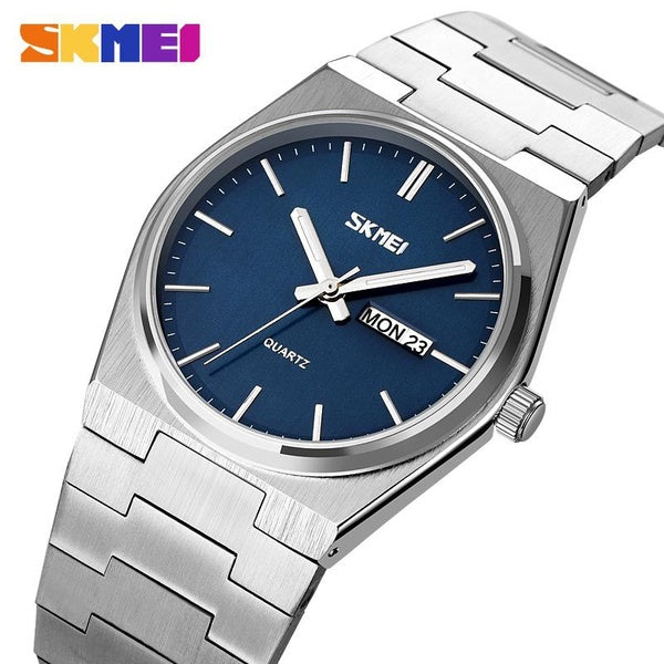 SKMEI mince Style affaires montres-bracelets homme Top marque de luxe en acier montres à Quartz pour hommes avec calendrier-semaine affichage horloge