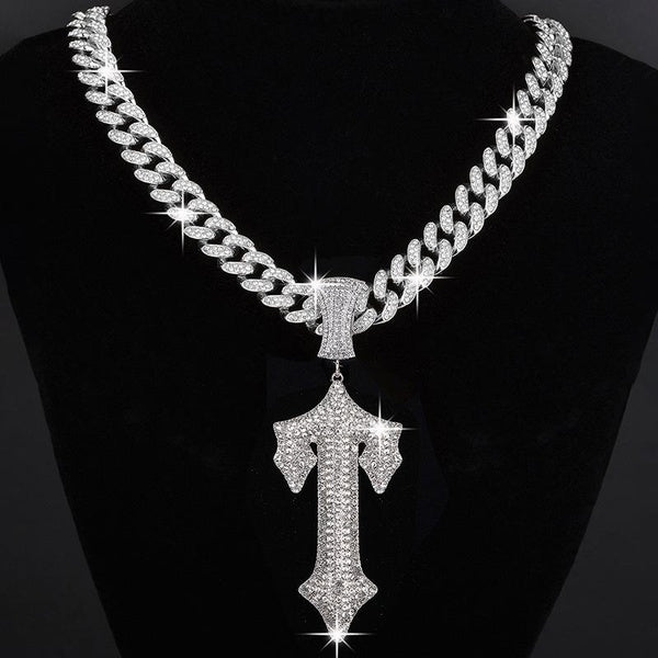 Punk Luxury Rhinestone T-shaped Cross Pendant Necklace for Women Men13mm Hip Hop Iced Out Cuban Link Cuban Chain Necklace Charm Jewelry Accessories F Matron Inn