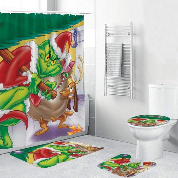Grinch Movie Christmas Waterproof Shower Curtain How the Grinch Stole Christmas Carpet Cover Toilet Cover Bath Mat Pad 1-3-4 Pieces Set 3D Print Bath