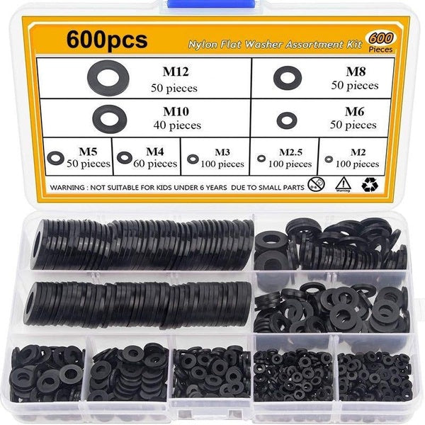 600pcs Nylon Flat Washer Assortment Set Black Metric Round Washer for Screws M2 M2.5 M3 M4 M5 M6 M8 M10 M12