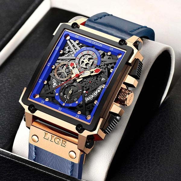 2023 nouveau LIGE hommes montres Top marque de luxe creux carré Sport montre pour hommes mode bracelet en cuir étanche montre-bracelet à Quartz