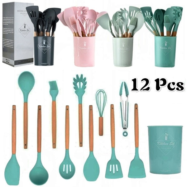12 Piece Non-Stick Silicone Cookware Set - Healthy Cookware with Wooden Handle Easy Clean High Temperature Cooking Spatula Kitchen Utensil Set with