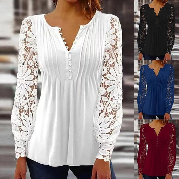Women's V-neck Long Sleeve Lace Solid Color Shirts Loose Comfortable White Blouses Casual Plus Size Top S-5XL