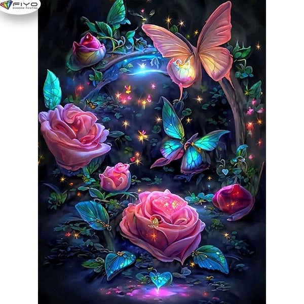 FIYO Flower and Butterfly DIY 5D Diamond Painting Full Drill with Number Kits Home and Kitchen Fashion Mosaic Diamond Painting Canvas Wall Decoration