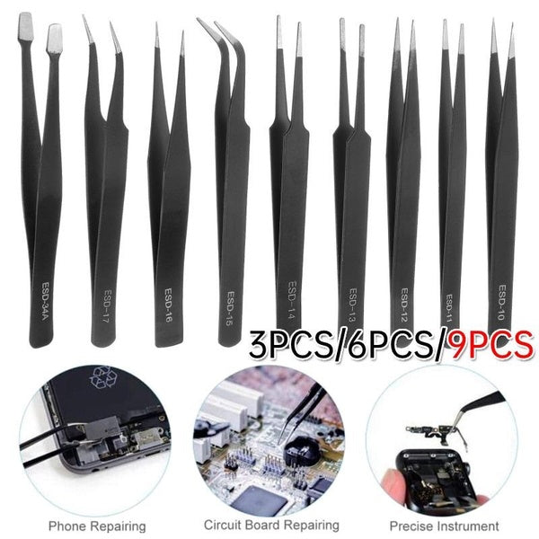 3pcs-6pcs-9pcs ESD Anti-Static Precision Tweezers Set, Premium Craft Tweezers Kit, Stainless Steel ESD Tweezers for Electronics, Soldering, Laborator