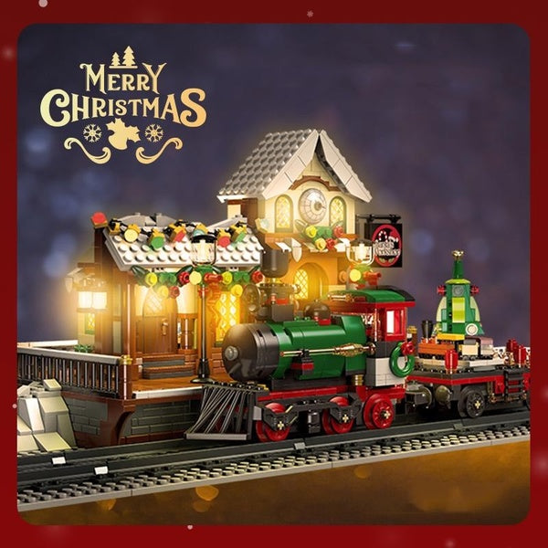 New 1362pcs Railway Station At Christmas with Light Model Building Block Brick Educational Assembly Toy Children Boy Gift