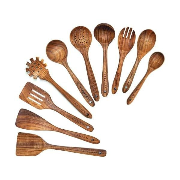 Wooden Spoons for Cooking10 Pcs Natural Teak Wooden Kitchen Utensils Set Wooden Utensils for Cooking Wooden Cooking Utensils Wooden Spatulas for Cook