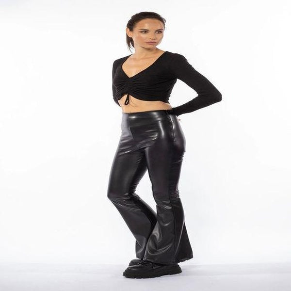 Black Leather Flared Leggings Compression Leggings For Women Flare Leggings