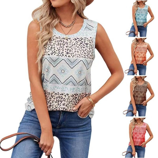 Women's Summer National Style Sleeveless T-shirt Fashion Casual Loose Tank Tops Ladies Leopard Vest Tops