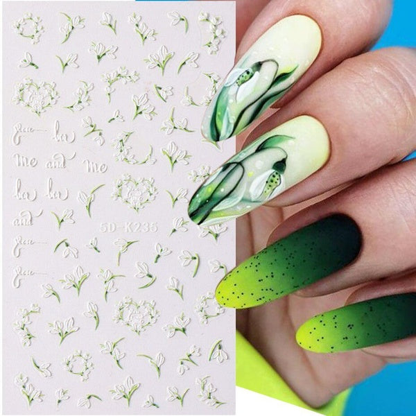 Snowdrops 5D Embossed Nail Art Stickers Spring White Flower Tulip Gel Polish Decals Elegant Wedding Design Slider Decor F5D-K235