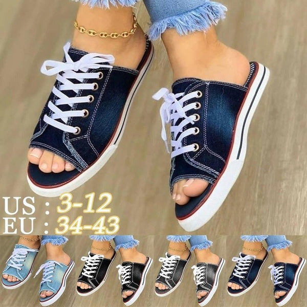 Nouveau printemps été femmes toile chaussures baskets plates mocassins en jean bout ouvert sandales dames pantoufles décontractées chaussures bas sup