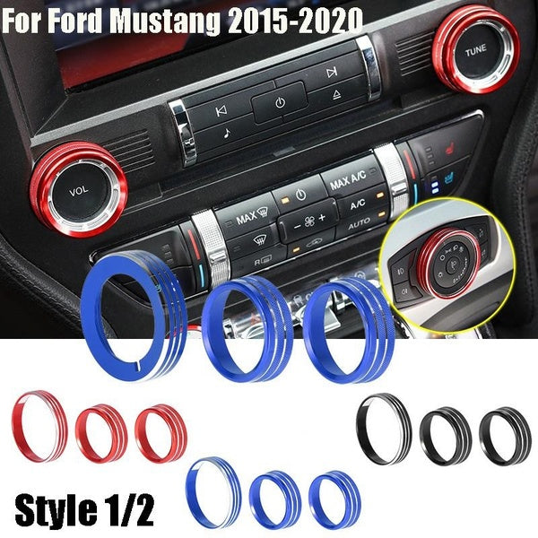 3pcs Aluminum Alloy Car Headlight Volume Tune Air Conditioner Knob Cover Replacement for Ford for Mustang 2015-2020(Style 1-2)