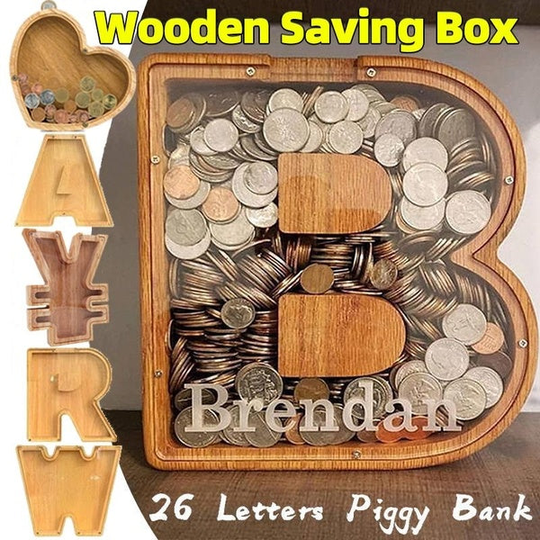 39 styles boîte d'épargne en bois 26 lettres et pièces de monnaie numériques tirelire avec autocollants de conception boîte de rangement de pièces de