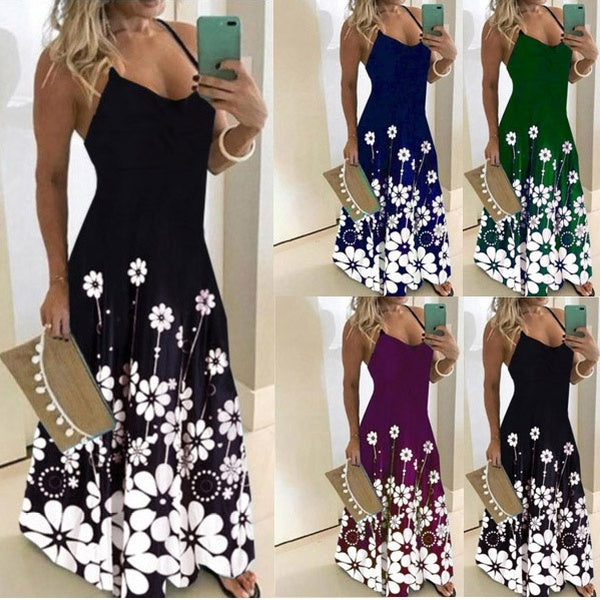 Summer Sleeveless Women's Fashion Gradient Printing Sling Dress Deep V-Neck Slim Fit Big Swing Beach Skirts Loose Dresses Casual Long Maxi Dresses La