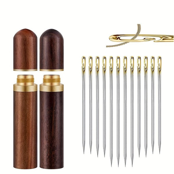12Pcs Sewing and Embroidery Needles with Vintage Wooden Needle Case, Suitable Tools for Knitting Leather Sewing