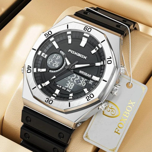 FOXBOX montre pour hommes haut de gamme de luxe double affichage chronographe LED montre de sport alarme pour hommes montre à Quartz étanche