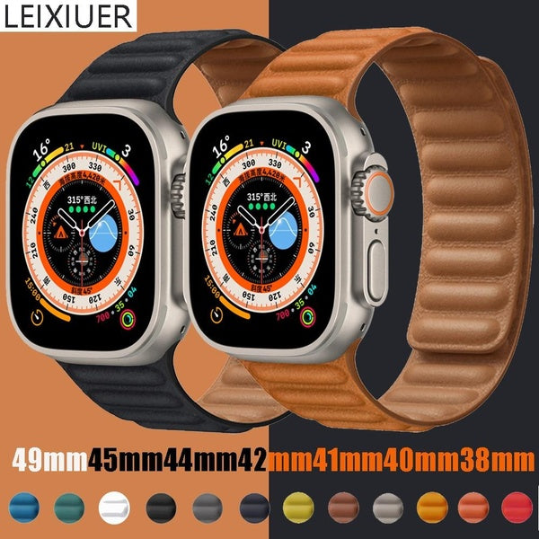 LEIXIUER Band for Smart Watch Ultra 2-Ultra 49mm 9 8 7 45mm 41mm SE 6 5 4 44mm 40mm 42mm 38mm for Smartwatch Series 3 2 1, Genuine Leather Magnetic M
