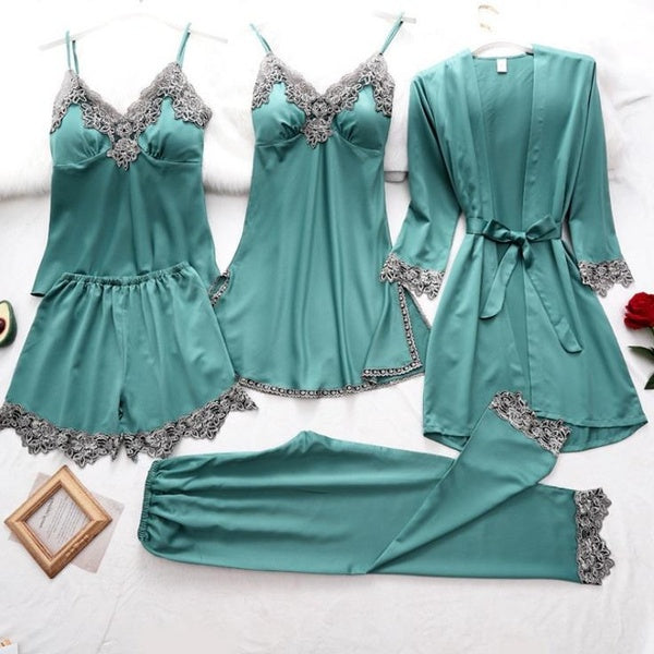 Silk Fabric Pajamas Set for Women 5 PCS Set Sleepwear Lounge Gowns