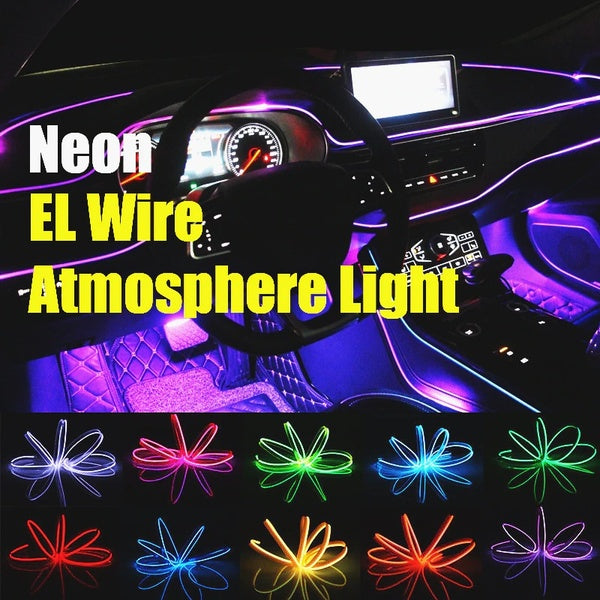 2-3-5M Car 12V LED Cold Lights Flexible Neon EL Wire String Strip Rope Tube Light Neon Light Glow Flat Edge Car Interior Atmosphere Decor Lamp Decora