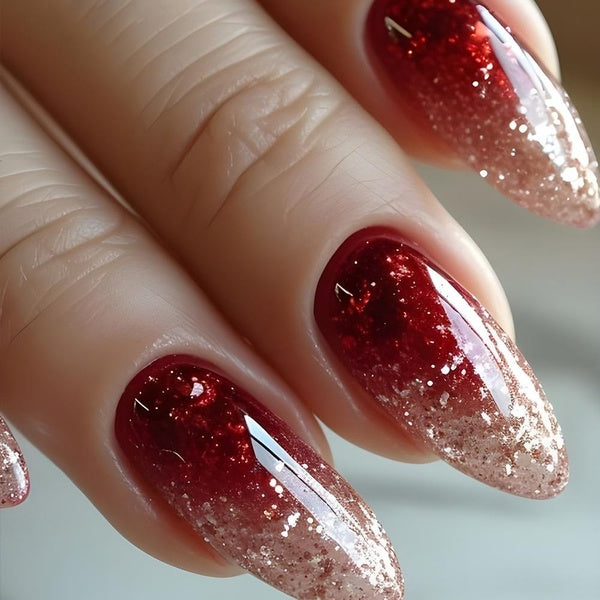 Gradient Wine Red Wearable Fake Nails Golden Glitter Almond False Nails Red Stamen Press on Nails Pink Camellia Nails Tips
