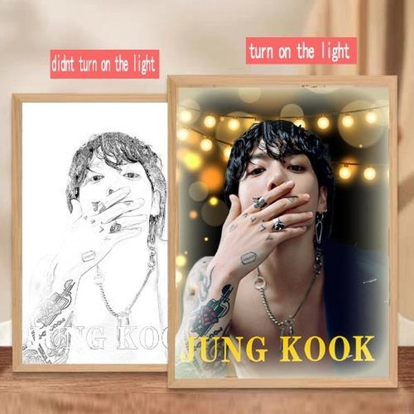 New KPOP 防弾少年団 Bangtan V Jungkook Model Sketch Portrait Photo Frame Light Painting Small Night Light Photo Decoration with Frame