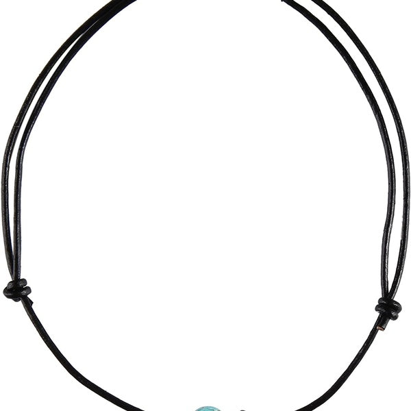 Single Turquoise Choker Necklace on Black Leather Cord for Men-Women