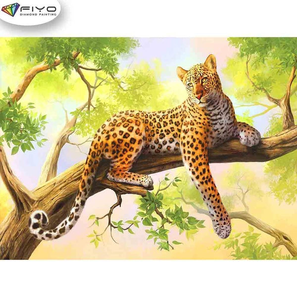 FIYO Leopard on the Trunk Diamond Painting Kits For Adults DIY 5D Diamond Mosaic Diamond Painting Home and Kitchen Fashion Canvas Pictures Wall Decor