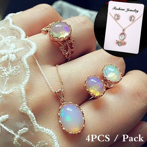 4PCS - Pack Opal Jewelry Sets for Woman Pendant Necklaces Choker Water Drop Earrings & Ring Color Wedding Gifts