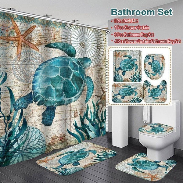Bathroom Decor Washroom Sea Turtle Starfish Shower Curtain Anti-Slip Toilet Mats Set Waterproof Shower Curtain Bathroom Set Toilet Cover Mat Non-Slip