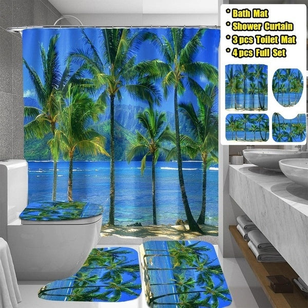 Beach Coconut Tree Scenery Blue Shower Curtain 1-3-4 Pcs Bathroom Decor Waterproof Shower Curtains Bath Mat Toilet Cover Rug Set